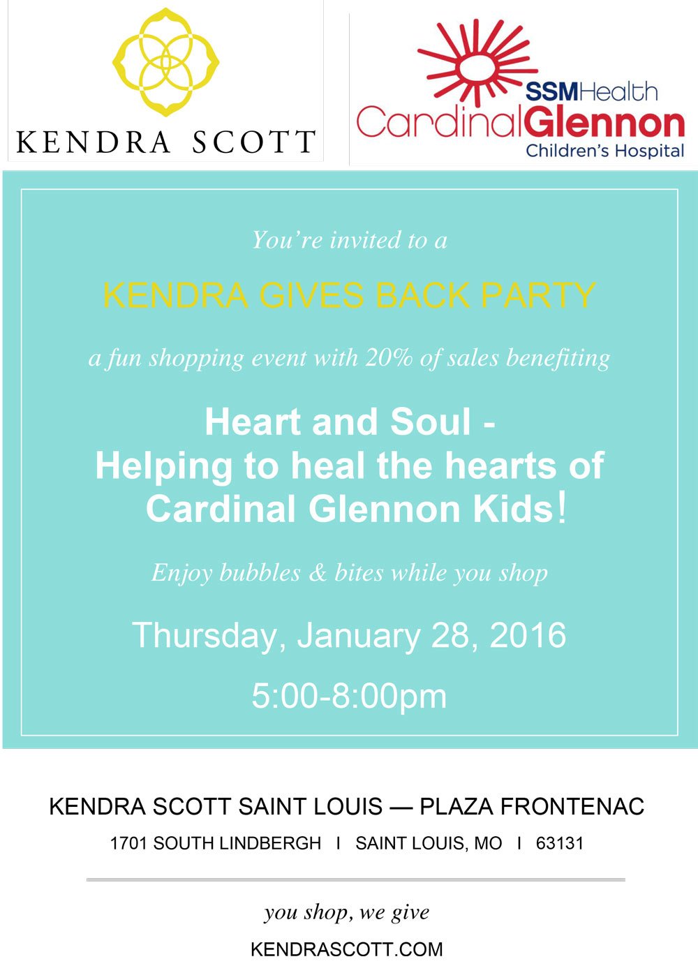 You're invited to a Kendra Gives Back Party benefiting Heart and Soul - Helping to heal the hearts of Cardinal Glennon Kids: Thursday, January 28, 2016