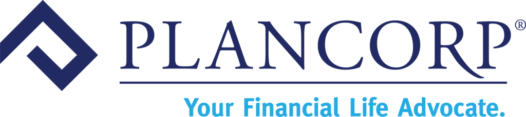 Artsy angled P with PLANCORP on right w/ Your Financial Life Advocate. below