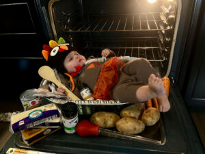 Josie dressed as Thanksgiving Day turkey