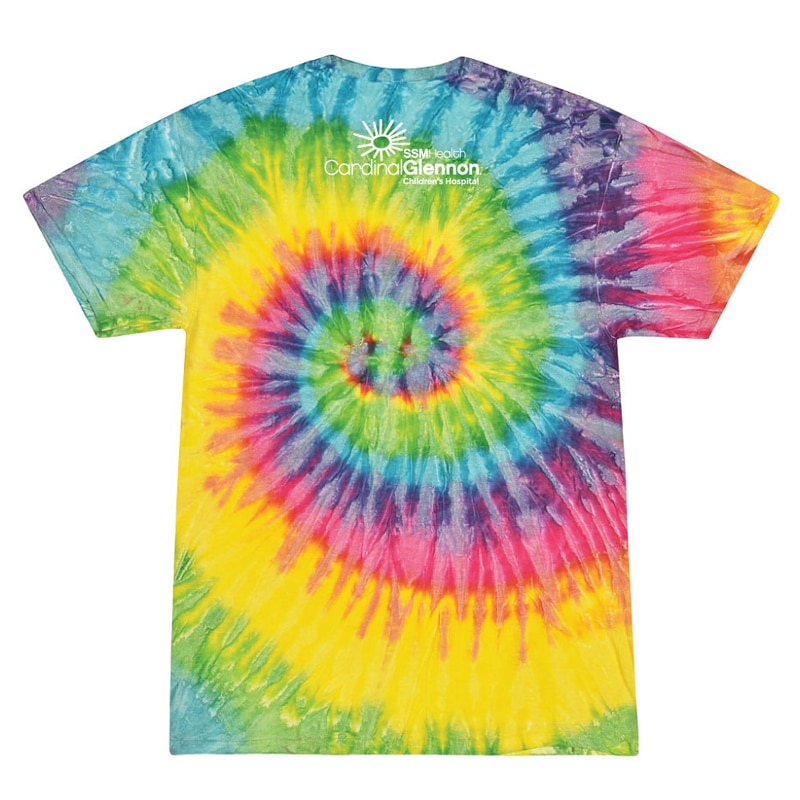 a tie-dye t-shirt with the white Cardinal Glennon logo on the back