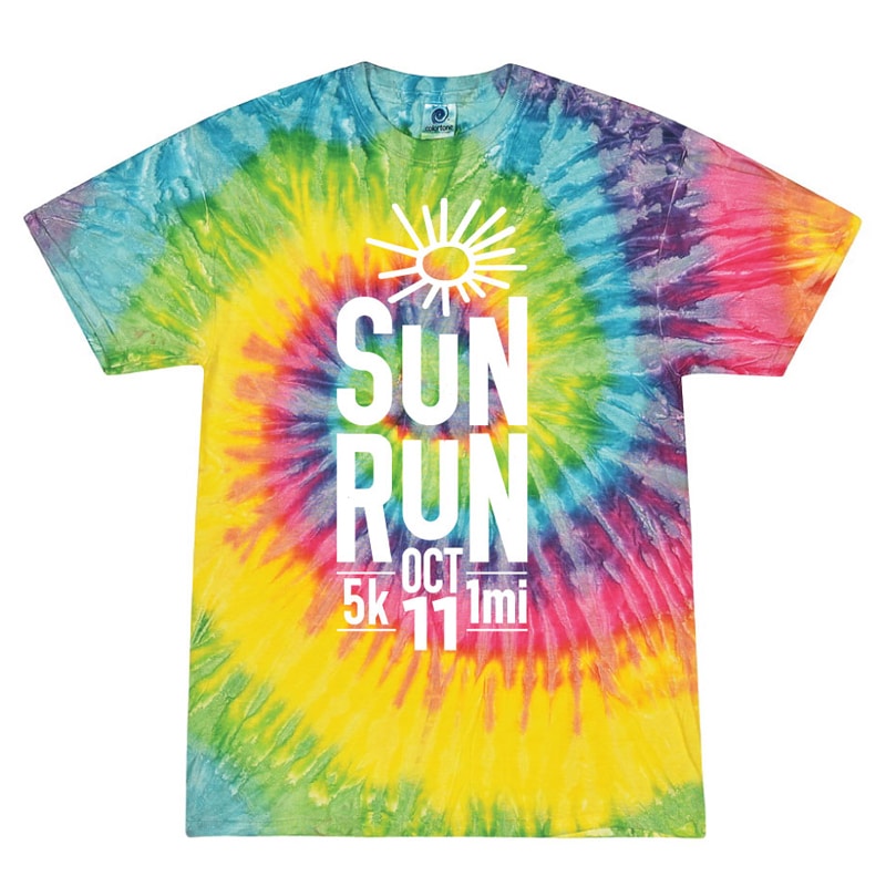 a tie-dye t-shirt with the white Sun Run logo on the front