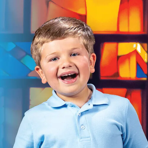 Cardinal Glennon patient Ollie in front of stained glass window